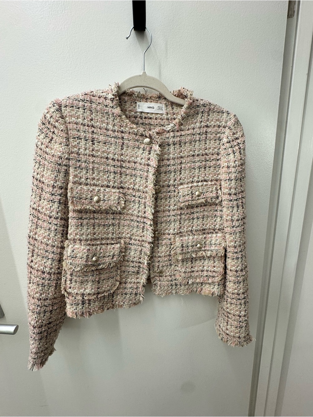 Mango Pink Fringe Tweed Pocket Blazer